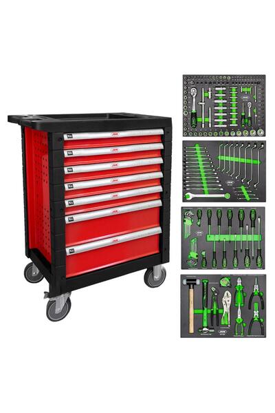 JBM 7-drawer tool trolley, equipped with 172 tools, red color - 53686