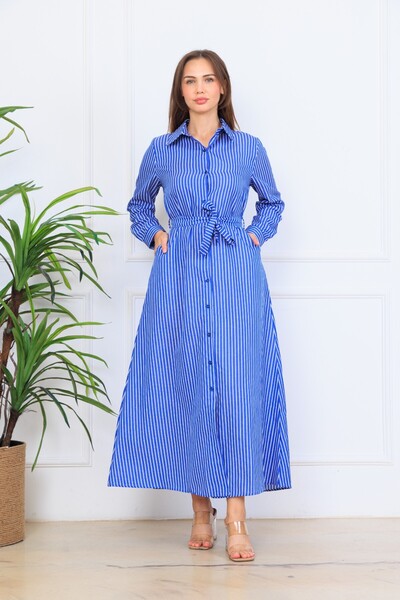 Cochines Saks Blue and White Striped Satin Long Belted Shirt Collar Dress
