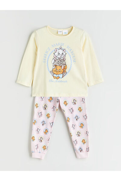 LC Waikiki Sari Bisiklet Yaka Aristocats Baskılı Kız Çocuk Pijama Takımı