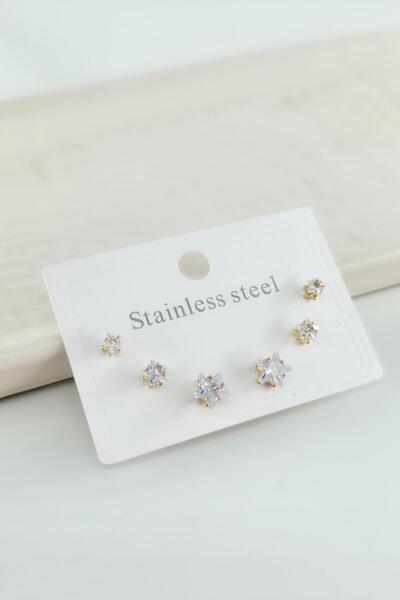 By Zeyna Aksesuar Steel Baguette Zircon Stone 6-Piece 3 Size Earring Set – Antiallergenic and Non-Tarnishing