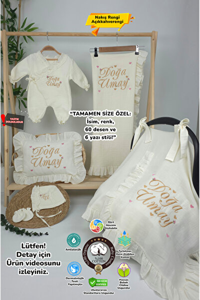 gros shop Müslin Yeni Doğan 4Katlı Organik %100Pamuk Kişiye Özgü Nakışlı Hast...