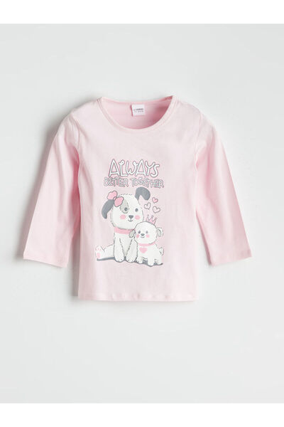 LC Waikiki Pembe Bisiklet Yaka Baskılı Kız Çocuk Pijama Takımı