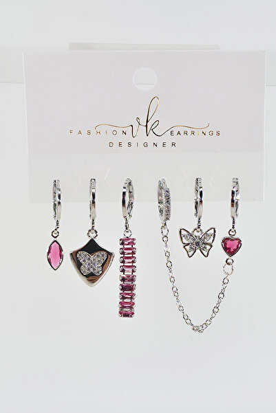 By Zeyna Aksesuar Kadın VIP Seri Zirkon Taşlı 6'lı Asimetrik Küpe Seti – Antialerjenik