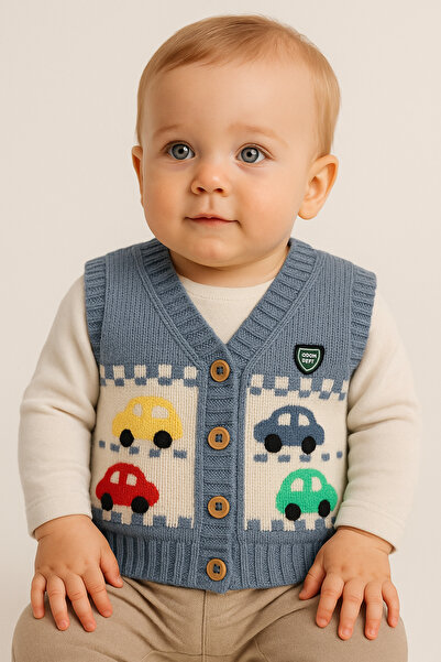 Uğur bebe Boys' Knitted Buttoned Car Patterned Vest – Baby Boy Cardigan Model Vest 100% Acrylic