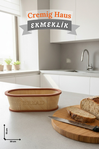 CremigHaus Geleneksel Tasarım Ekmeklik Oval Ahşap Ekmek Sepeti Akça Desenli
