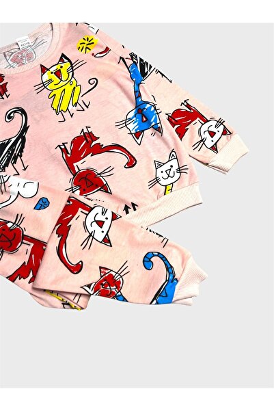 ALİŞ KİDS Дівчачий бавовняний піжамний комплект з довгими рукавами, з малюнком котів, сезонний