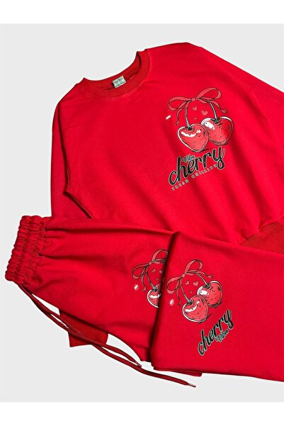 ALİŞ KİDS Girl's Cotton Red Cherry Patterned Long Sleeve Wide Leg Tracksuit Set