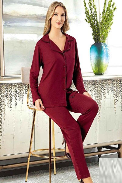 Xses 5010 Γυναικείο σετ πιτζάμες με μακρυμάνικο μπορντό πουκάμισο με κουμπιά μπροστά