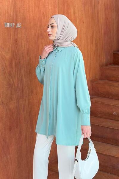 lamelif Hidden Button Detailed Hijab Tunic Mint Green