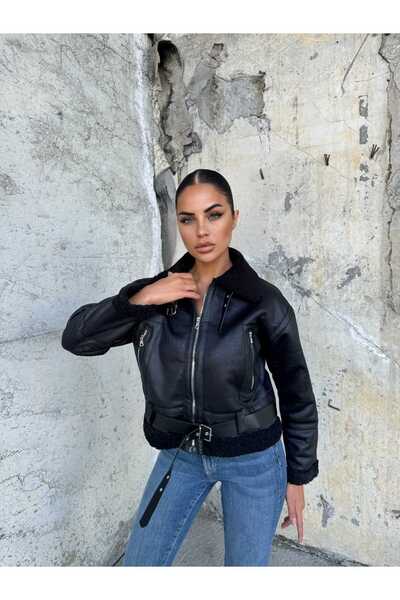 maf collection Women's Black Crop Belt Detail Leather Jacket