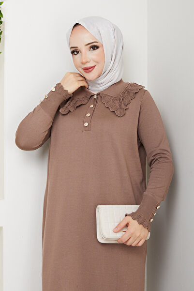 Pamuk Butik Women's Mercerized Knitwear Dress with Lace Collar
