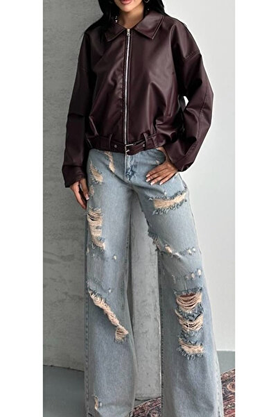 mor butik Women's Brown Leather Jacket