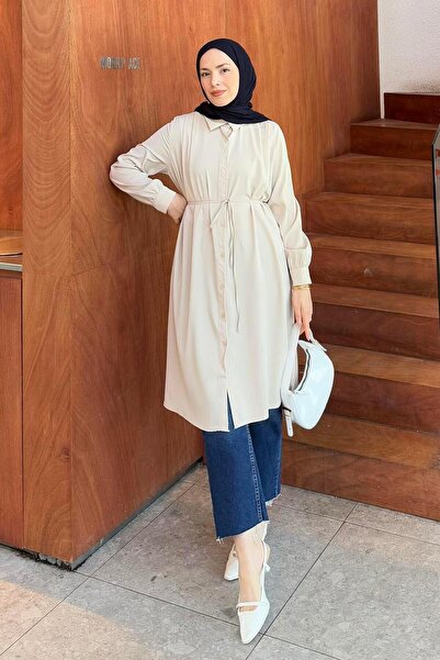 lamelif Long Hijab Tunic with Tie Detail Stone