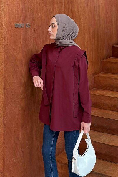 lamelif Πουκάμισο Hijab με λεπτομέρεια με επένδυση ώμου Βουργουνδίας