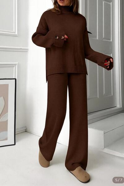 peri tower New Product Stand Collar Button Detail Oversize Sweater-Pants Knitwear Bottom Top Set 0034