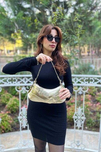 torime Gold Color Bag Belt Detailed Baguette Women's Zippered Adjustable Shoulder & Arm Bag