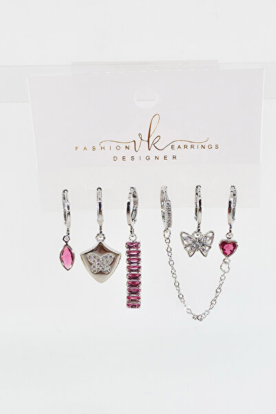 By Zeyna Aksesuar Women's Vip Series Zircon Stone 6-Piece Asymmetric Earring Set – Antiallergenic