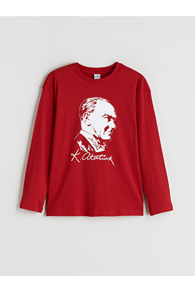 LC Waikiki Red Crew Neck Ataturk Printed Boys' T-Shirt