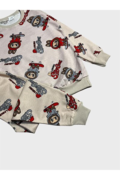 ALİŞ KİDS Fiú pamut bézs színű Labubu mintás hosszú ujjú szezonális pizsama szett