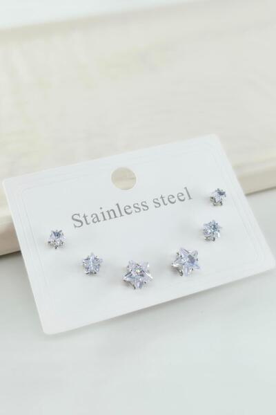 By Zeyna Aksesuar Çelik Baget Zirkon Taşlı 6'lı 3 Boy Küpe Seti – Antialerjenik Kararmaz