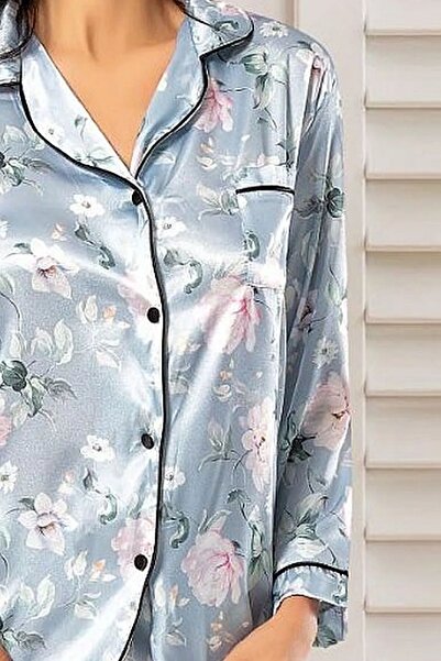 Xses 2000 Жіночий синій сатиновий піжамний комплект з довгими рукавами та ґудзиками спереду