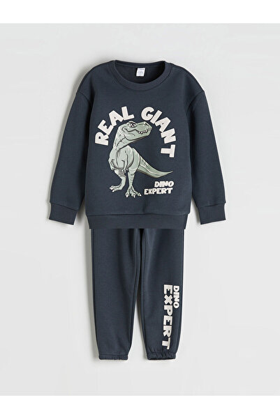 LC Waikiki Lcw Kidsanthracite Crew Neck Dinosaur Printed Boys' Sweatshirt and Sweatpants 2-Piece Set