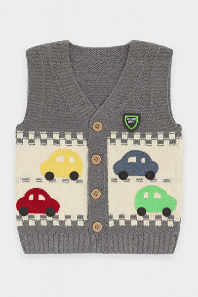 Uğur bebe Gray Color Baby Boy Knitwear Buttoned Car Patterned Vest – Baby Boy Cardigan Model Vest 100% Acrylic