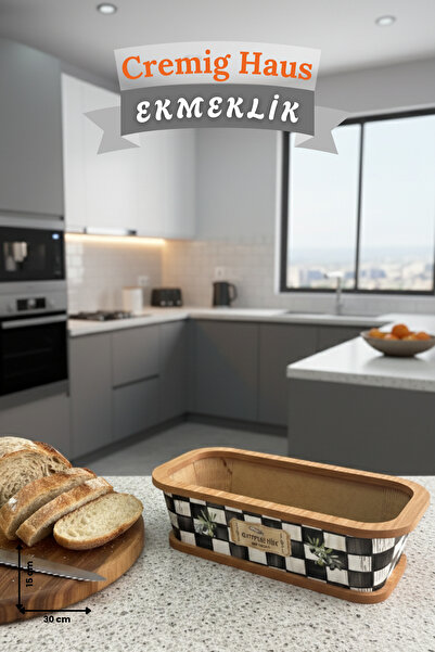 CremigHaus Geleneksel Tasarım Ekmeklik Dikdörtgen Ahşap Ekmek Sepeti Dama Des...