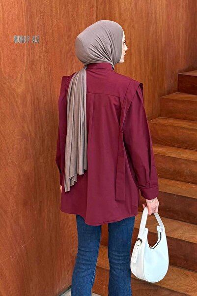 lamelif Πουκάμισο Hijab με λεπτομέρεια με επένδυση ώμου Βουργουνδίας