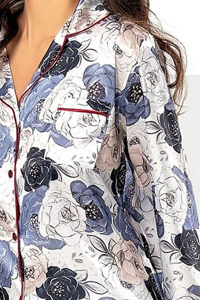 Xses 2000 Women's Floral Long Sleeve Satin Front Buttoned Embroidered Pajama Set