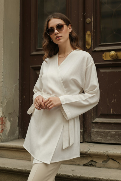 PASTELASTORE Екрю 100% бавовна з кишенями та поясом Літній жіночий кімоно 1166 - Дихаючий натуральний матеріал