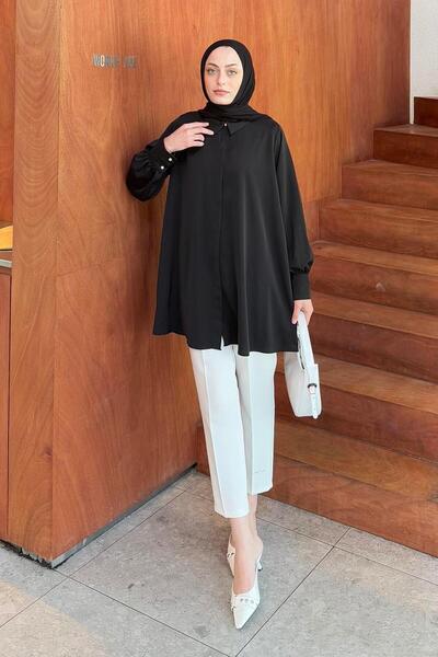 lamelif Hidden Button Detailed Hijab Tunic Black