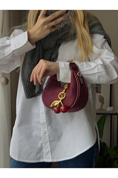 mèche atelier since 2024 Valeria Cherry Charm Gift Women's Suede Hand and Shoulder Bag Burgundy