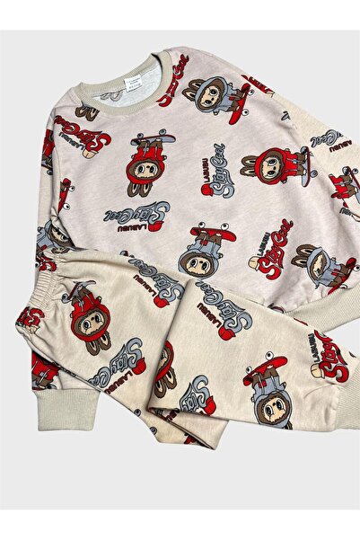 ALİŞ KİDS Fiú pamut bézs színű Labubu mintás hosszú ujjú szezonális pizsama szett