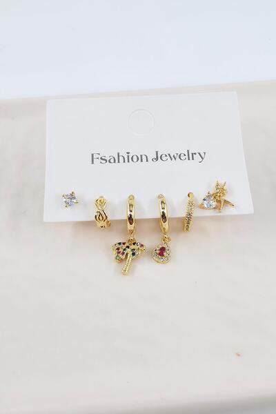 By Zeyna Aksesuar Women's Vip Series Zircon Stone 6-Piece Asymmetric Earring Set – Antiallergenic