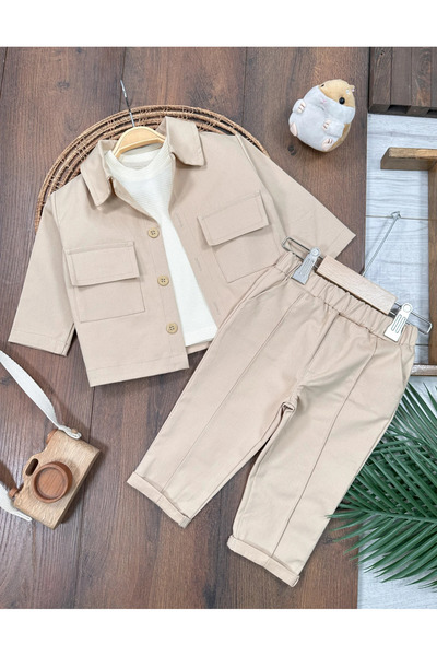 Bolly Baby Linen Lycra Safari Model Snap-Button Shoulder Sweatshirt 3-Piece Set for Baby Boys and Children