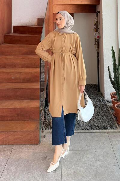 lamelif Long Hijab Tunic with Tie Detail Camel