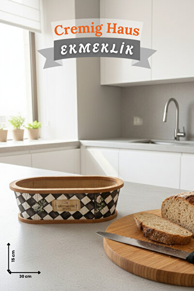 CremigHaus Geleneksel Tasarım Ekmeklik Oval Ahşap Ekmek Sepeti Dama Desenli