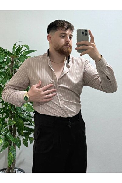 Arvens Men's Beige Striped Long Sleeve Slim Fit Stylish Office Casual Classic Combination Style Shirt
