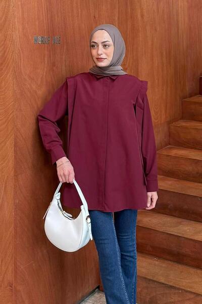 lamelif Shoulder Pad Detailed Hijab Shirt Burgundy