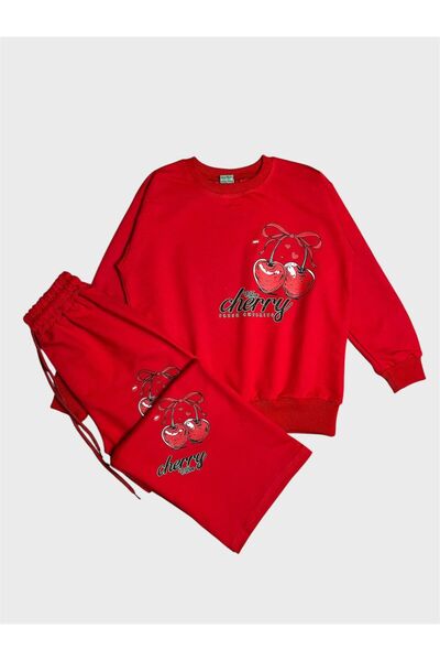 ALİŞ KİDS Girl's Cotton Red Cherry Patterned Long Sleeve Wide Leg Tracksuit Set