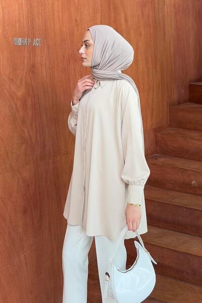 lamelif Hidden Button Detailed Hijab Tunic Stone