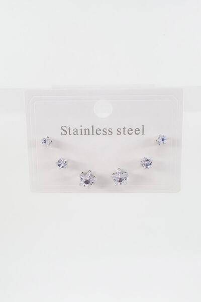 By Zeyna Aksesuar Steel Baguette Zircon Stone 6-Piece 3 Size Earring Set – Antiallergenic and Non-Tarnishing
