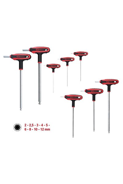 KS Tools Set de 9 chei hexagonale cu mâner în T și cap sferic