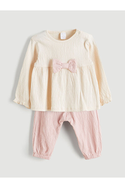 LC Waikiki Peak New Season Crew Neck Bow Detail Baby Girl Blouse and Pants