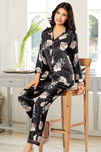 Xses 2000 Women's Black Long Sleeve Satin Front Button Embroidered Pajama Set