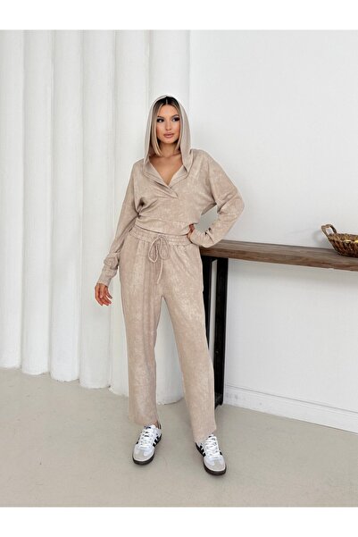ebru akten butik Γυναικείο μπεζ κοστούμι με κουκούλα με παντελόνι