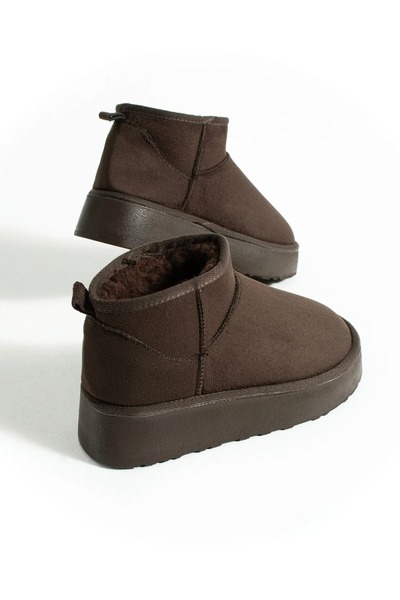 HVZ Exclusive Brown Women's Thick Sole Fur Lined Ankle Boots Tefis Brown Suede