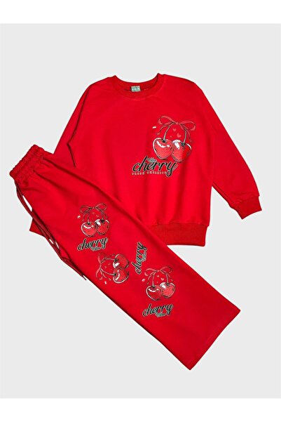ALİŞ KİDS Girl's Cotton Red Cherry Patterned Long Sleeve Wide Leg Tracksuit Set