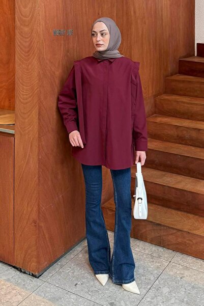 lamelif Shoulder Pad Detailed Hijab Shirt Burgundy